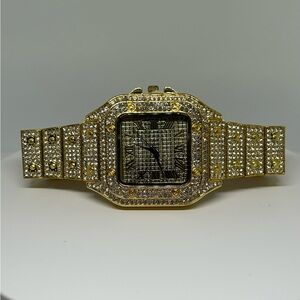 Iced Out Square Dial Watch Gold CZ Bling Hip Hop Stainless Steel Band